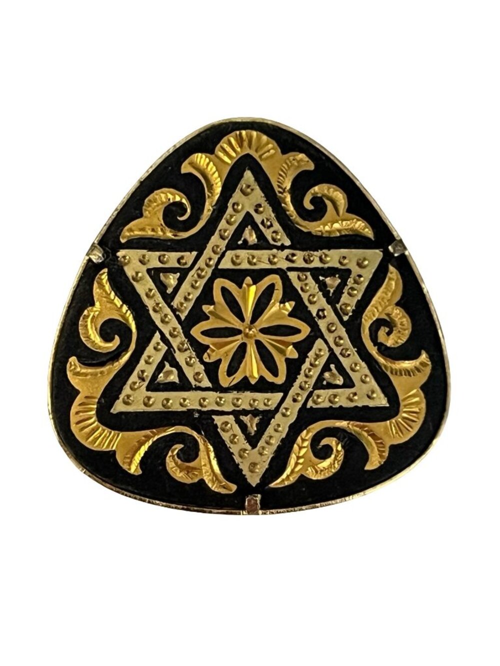 Vintage Gold Tone Star of David Style Brooch Black Enamel Hexagram Floral Statem